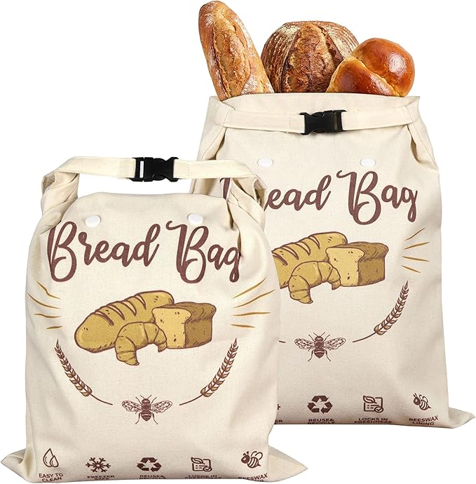 2 Pack Beeswax Bread Bags for Homemade Sourdough with Detachable Liner & Handles, X-Large Reusable Food Storage Bag, Organic Cotton Wrap for Artisan Bread, Eco-Friendly & Washable