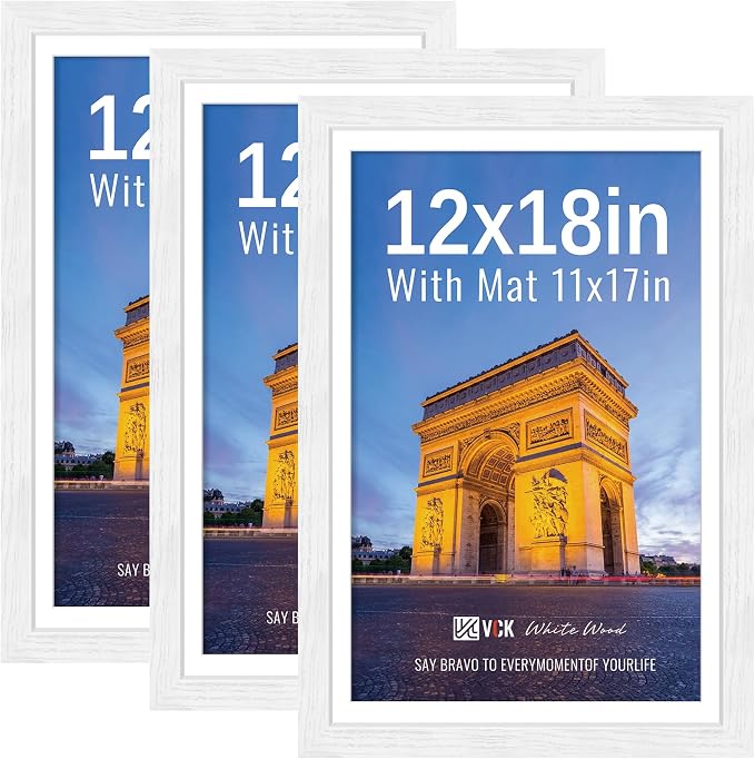 VCK 12x18 Picture Frames White 3 Pack, Wide Border Wood, Tempered Glass, Display 11x17 Photo with Mat or 12 x 18 without, for Home, Office, Gallery, Woodgrain Series, Wall Hanging