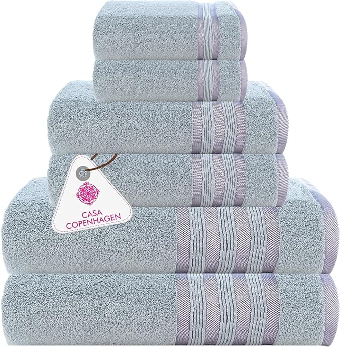CASA COPENHAGEN Zero Twist 6Pcs 100% Egyptian Cotton Large Designer Towels Gift Set- Grey Violet, 600 GSM, 2Bath 2Hand 2Washcloths, Bath Towels for Bathroom Set for Women & Men