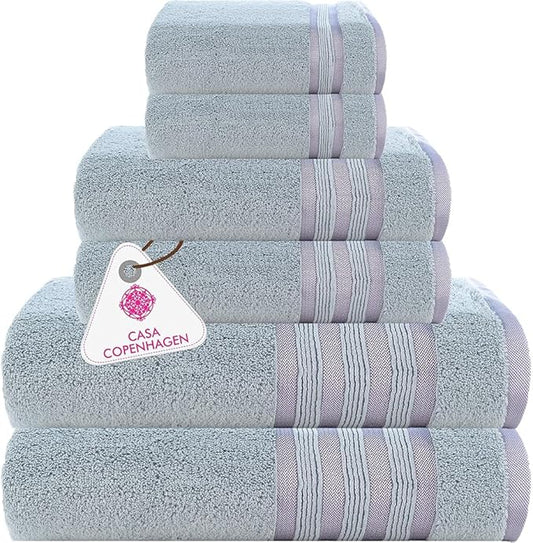 CASA COPENHAGEN Zero Twist 6Pcs 100% Egyptian Cotton Large Designer Towels Gift Set- Grey Violet, 600 GSM, 2Bath 2Hand 2Washcloths, Bath Towels for Bathroom Set for Women & Men