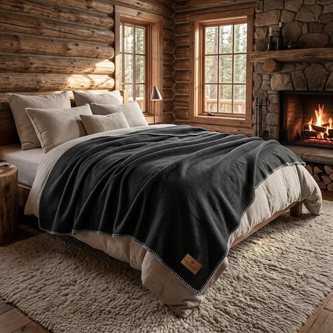 Whispering Winds 100% Wool Blanket, Premium King Size (108"x90") | Soft, Warm, Thick, Comfortable, For Bed, Couch, Home, Car, Camping, Outdoors, Survival