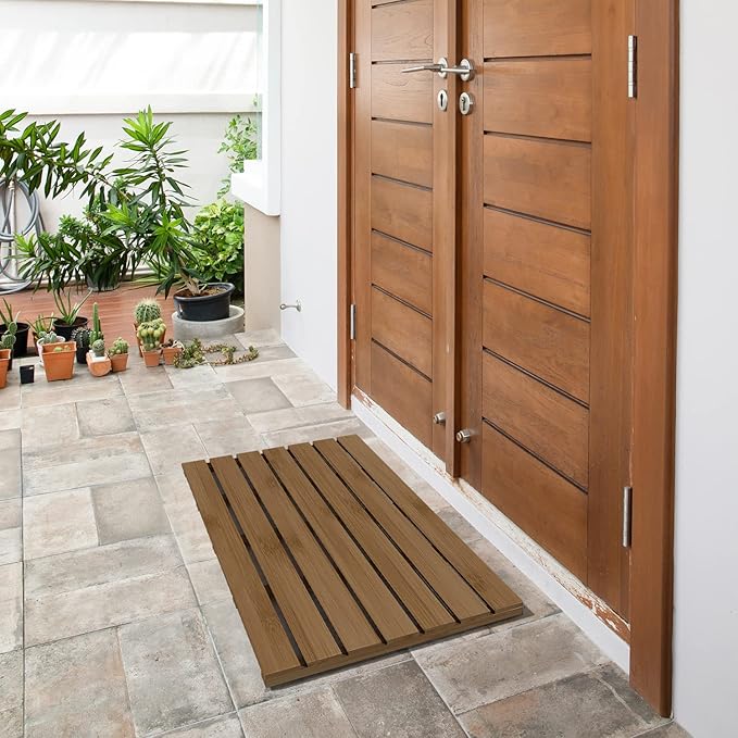 Bamboo Wooden Bath Floor Mat for Luxury Shower - Non-Slip Bathroom Waterproof Carpet for Indoor or Outdoor Use (Walnut,31.3 x 18.1 x 1.5 Inches)