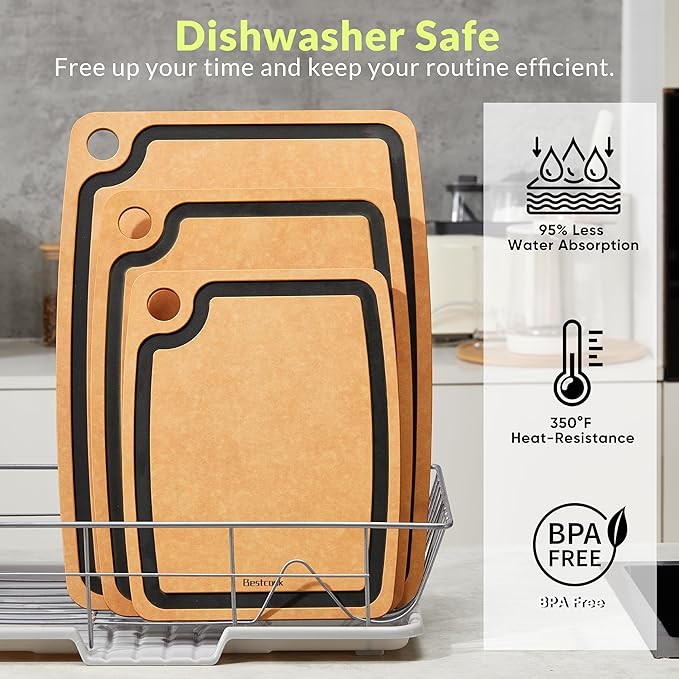 Cutting Board for Kitchen, 17.3x12.8Inch Wood Fiber Composite Cutting Board with Juice Groove and Non-slip Feet, Dishwasher Safe, Knife-Friendly Chopping Board for Meat, Bread, Fruit, Wooden/Black