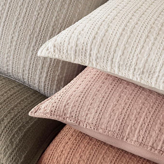 Foindtower Set of 2 Decorative Cotton Waffle Weave Throw Pillow Covers Euro Shams Cushion Covers Accent European Pillowcase for Bed Couch Sofa Bedroom Living Room Home Decor 26×26 Inch Dusty Pink