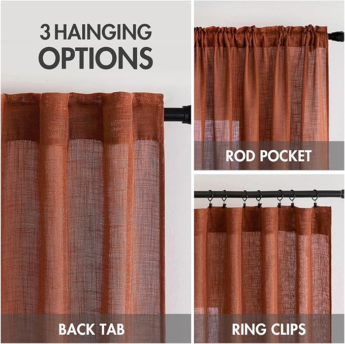 MIULEE Burnt Orange Linen Curtains 63 Inch Length 2 Panels for Bedroom Living Room, Soft Thick Linen Textured Kitchen Window Drapes Semi Sheer Light Filtering Back Tab Rod Pocket Terracotta Fall Decor