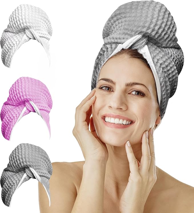 Microfiber Hair Wrap for Women - Extra Large 45 x 25 Quick-Dry Towel, Anti-Frizz, Breathable, Waffle Knit, Elastic Loop for Wet, Curly & Straight Styles - Grey - Microfiber Hair Towel