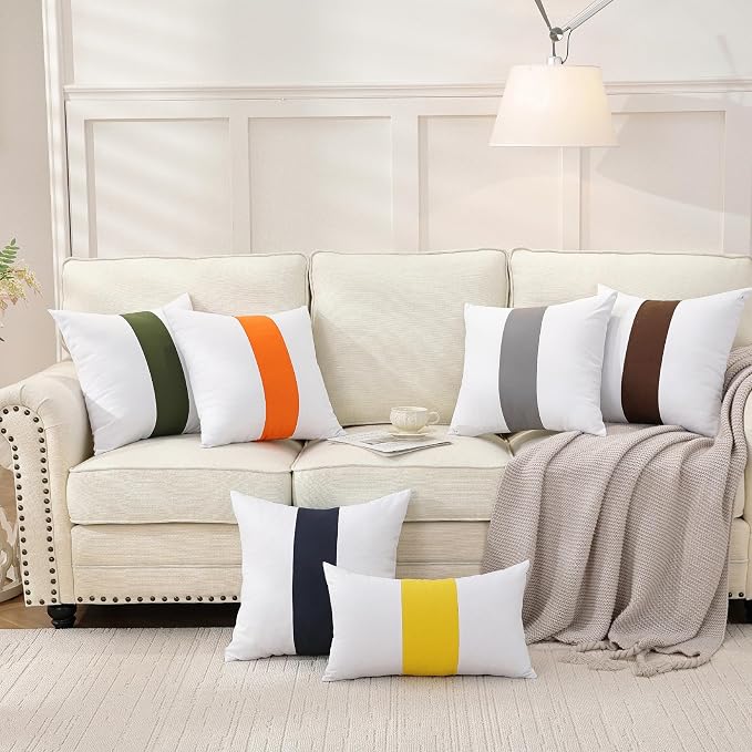 TAOSON Set of 2, 100% Cotton Canvas Patchwork Throw Pillow Covers 24x24 Inch Modern Olive Green Striped Pillow Cushion Covers Farmhouse Decor Pillow Cases for Couch Living Room Bed Sofa Decor