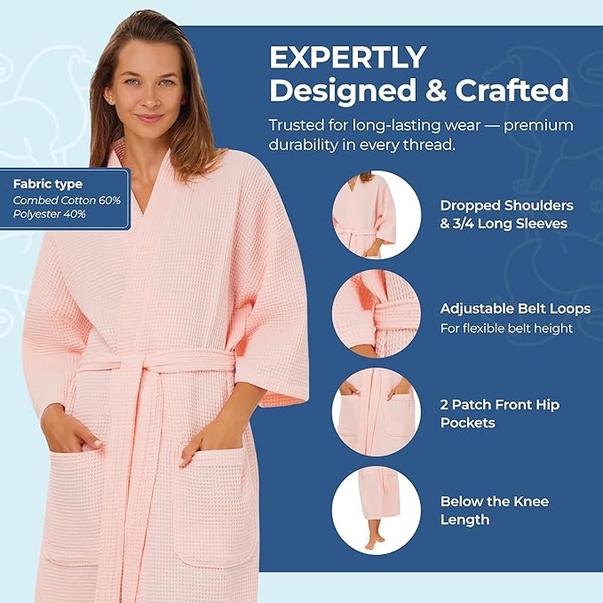 MONARCH Unisex Square Waffle Spa Kimono Robe – Soft Lightweight Fabric & Generously Sized Hotel & Spa Robe with Pockets