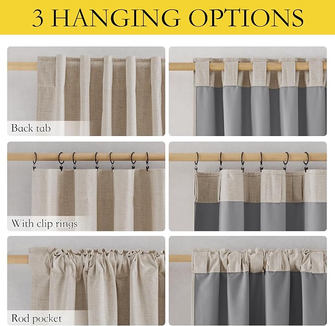 NICETOWN Natural Thick Linen Blend 100% Blackout Curtains with Grey Liners, Rod Pocket Back Tab Thermal Insulated Flax Textured Full Blackout Window Draperies for Kitchen (2 Panels, 42" W by 63" L)