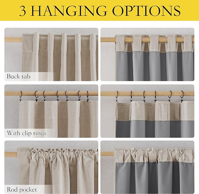 NICETOWN Natural Linen Blackout Curtain Panels 52 x 68 Inch, Set of 2 Thick Insulated Bedroom Draperies with Rod Pocket & Back Tab, Thermal Liner for Total Light Blocking Windows, Classic Style