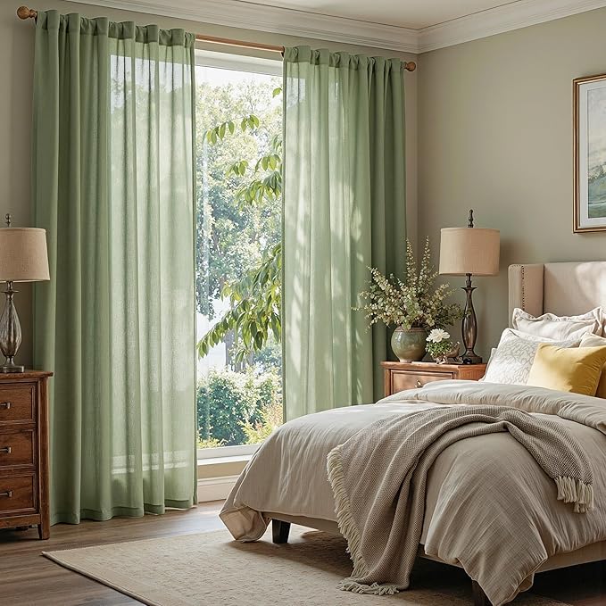 MYSKY HOME Patio Curtains for Sliding Door 90 inch Length 2 Panels Set, Living Room Curtains & Drapes Soft Farmhouse Window Treatments Back Tab Semi Sheer Draperies, 50" W x 90" L, Sage Green