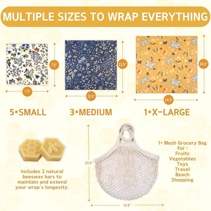 BYTTME Reusable Beeswax Wrap - 9 Pack Beeswax Wraps for Food, Eco-Friendly Beeswax Food Wraps, Bread Sandwich Wrapper - Reusable Food Storage Wrap Set with Flower Butterfly+Mesh Bag