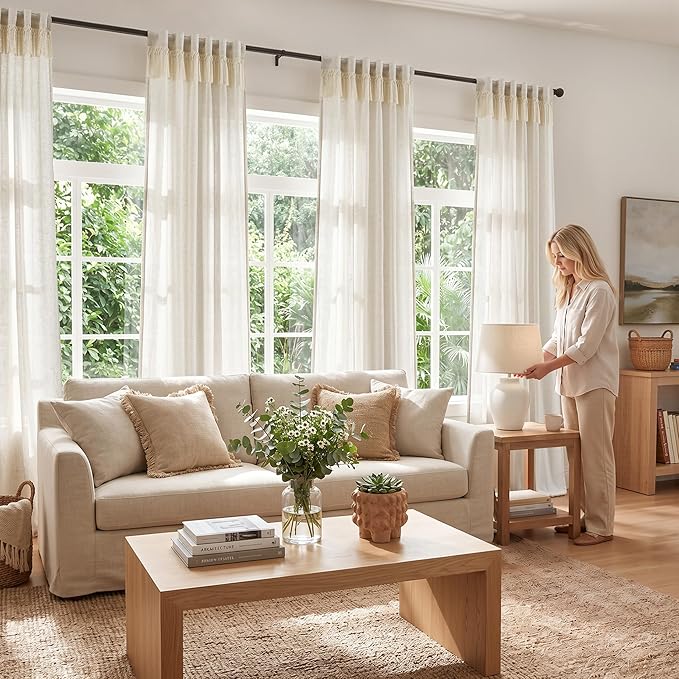 jinchan Linen Curtains for Living Room Bedroom Light Filtering Semi Sheer Curtains Boho Farmhouse French Country Cottage Core Decor Window Drapes Back Tab 96 Inch Length Tassel Beige