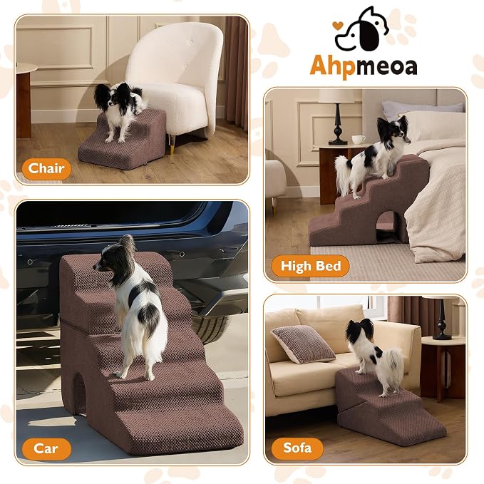 Dog Stairs for Bed 19.5’’ H, 4-Step Dog Steps for High Bed, Pet Stairs for Small Dogs and Cats to Get on Beds, Couch, Non-Slip Balanced Pet Steps and Ramp with Waterproof Cover and Tunnel, Brown