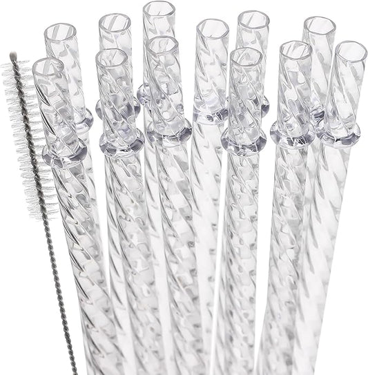 Dakoufish Reusable Plastic Crystal Drinking Straws for 30 oz & 40 oz Jars/Tumblers,Set of 12 Pcs Replacement Clear Straw with Cleaning Brush (12inch,Clear)