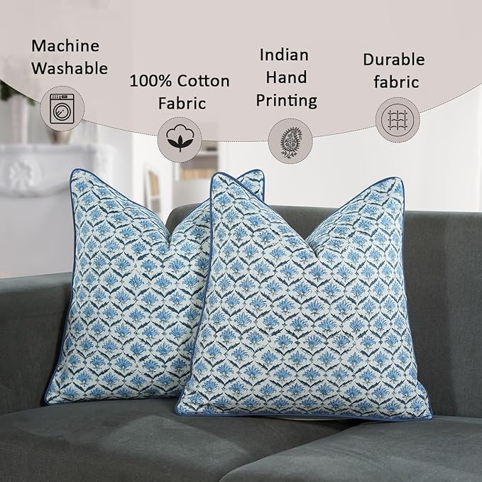 CPC Jeans Blue Block Print Throw Cushion Cover 24 x 24 Inch Set 2 - Decorative Boho Floral Pillow Case for Living Room, Bed, Sofa, Couch, Home Decor Cushion Cover Gift for Spring, Mother's Day