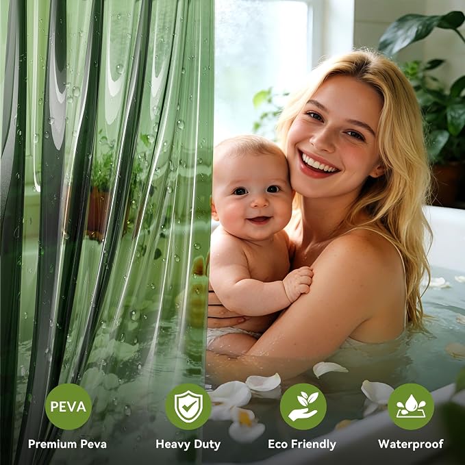 2 Pack Shower Curtain Liner, Lightweight Clear Plastic Shower Liner PEVA 72 x 72 Waterproof Shower Curtains for Bathroom with 3 Strong Magnets and Rustproof Grommets, Clear Green