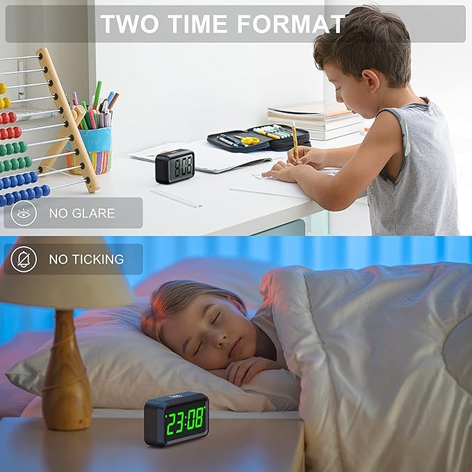 Digital Alarm Clock Battery Operated with Unique LCD/LED Display, Night Visible Cordless Small Clock for Bedroom, Wall, Travel (Green-Display)