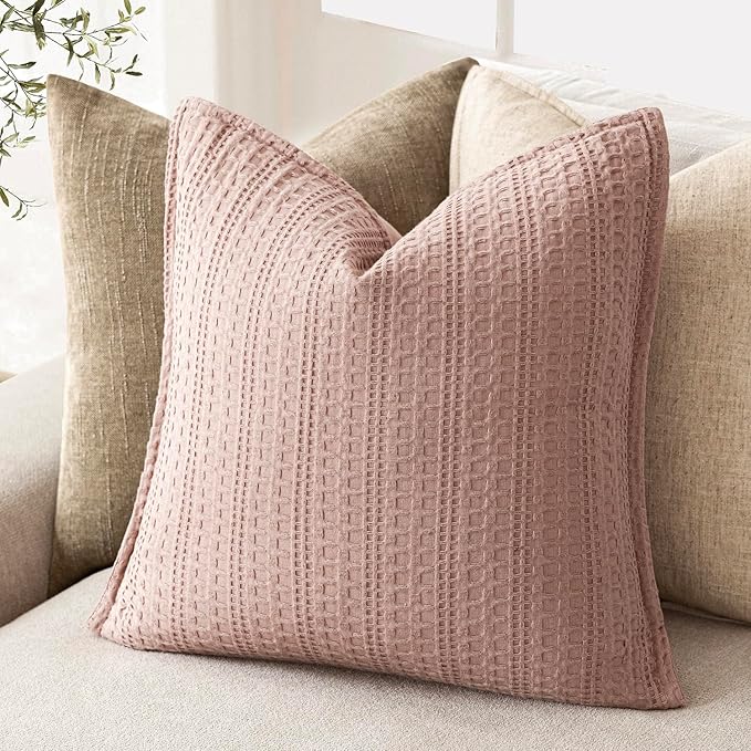 Foindtower Set of 2 Decorative Cotton Waffle Weave Throw Pillow Covers Euro Shams Cushion Covers Accent European Pillowcase for Bed Couch Sofa Bedroom Living Room Home Decor 24×24 Inch Dusty Pink