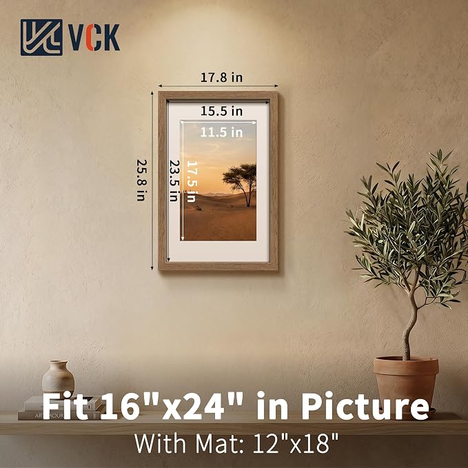 VCK 16x24 Poster Frames Walnut 3 Pack, Wide Border Wood, Display 16x24 Picture Photo with Mat or 12 x 18 Without, for Home, Office, Gallery, Woodgrain Series, Wall Hanging