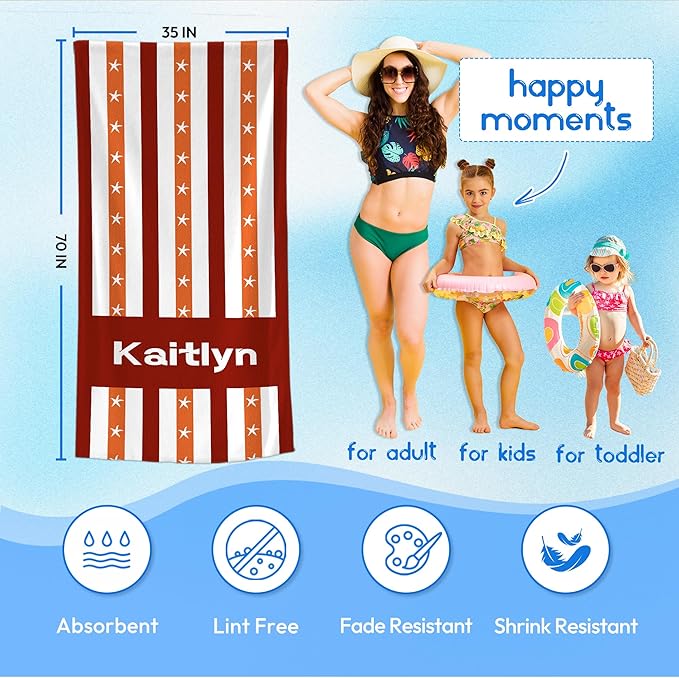 JML Custom Beach Towel with Name, Personalized Microfiber Beach Towel with Name, Large, Soft, Quick Dry & Absorbent for Swim, Pool,Adult,Summer Holiday,Vacation,Travel,Gift for Anniversary, Birthday