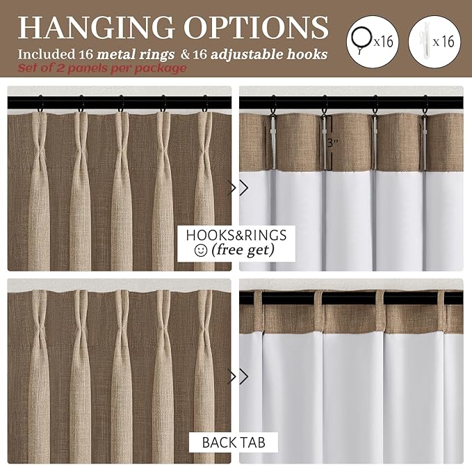 Extra Long 102 Inch Rust Brown High Ceiling Curtains for Dining Room, Blackout Memory Shape Pinch Pleat Natural Linen Blend Thermal Noise Reducing Country Windows Curtain 102 Inches Length Panels of 2