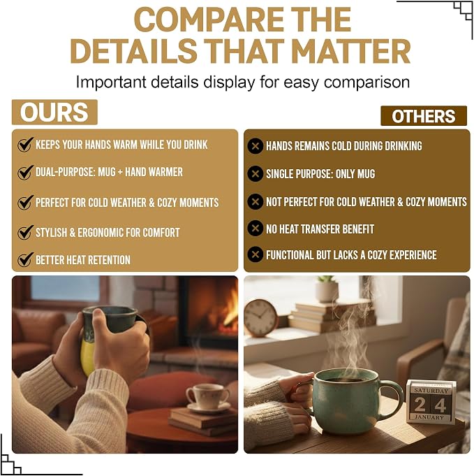 Clay in Motion Hand Warmer Coffee Mug – Handmade Coffee Mug With Comfortable Handle Contoured Pocket Hand Warming Ceramic Coffee Mug – Proudly Made in USA – Right Handed – 14 Oz - Yellow Black