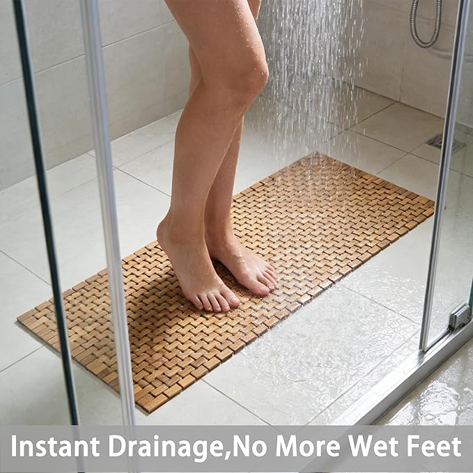 47"x20" Non-Slip Shower Mat for Bathroom, Teak Wood Bath Mat, Large Quick-Dry Floor Mats for Bathtub or Spa, Outdoor