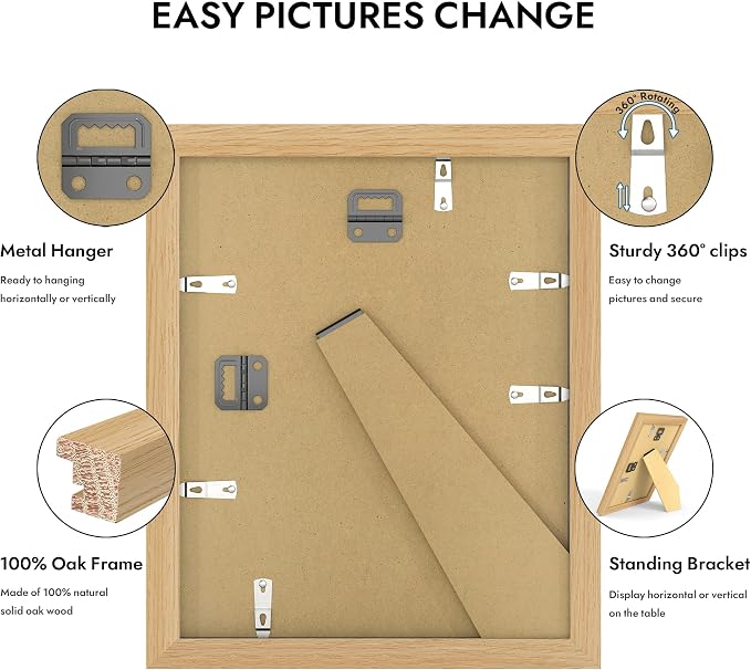 Hongkee 8x10 Oak Wood Picture Frame (1 Pack, Natural) with Real Glass Cover | 8 x 10 Solid Wood Frame for Wall or Tabletop Display - Includes Easel Back, Vertical Hang - Ideal for Home, Office