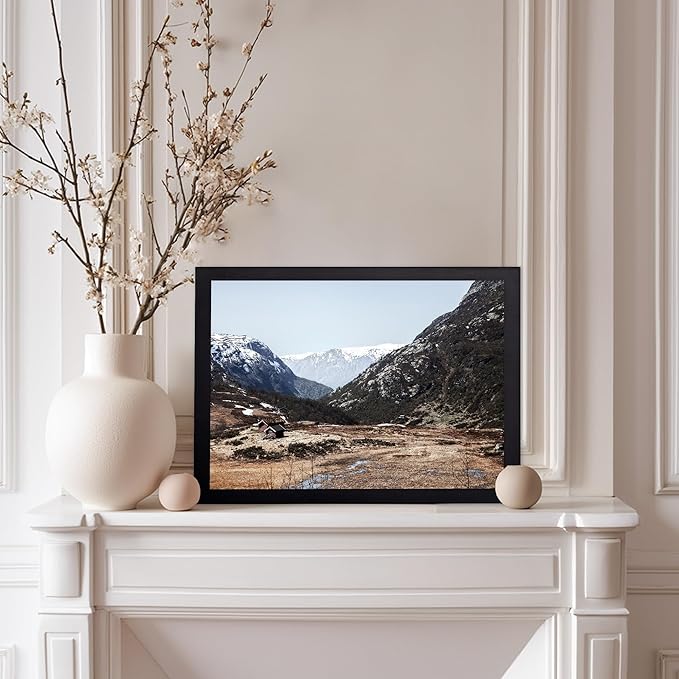Monem Art Scandinavian Mountain Cabin Landscape Photography Print - Nordic Nature Scenic Art Poster - Wall Decor for Living Room, Bedroom or Office - 8x10 Black Framed Wall Art by Mareike Bohmer