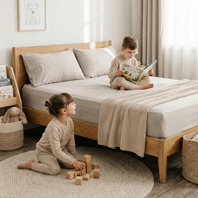 MakeMake Organics Organic Twin Fitted Sheet Set GOTS Certified Organic Cotton Fitted Sheet with 1 Pillowcase Ultra Soft Non Toxic Breathable Hypoallergenic (40"X76", Taupe)