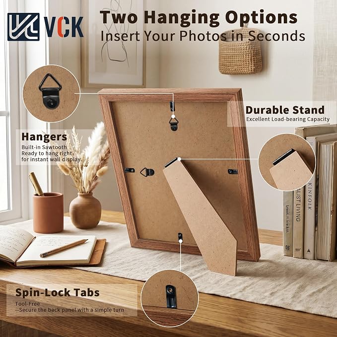 VCK 8x12 Picture Frames Walnut - 3 Pack, Wide Border Solid Wood, Tempered Glass, Display 6x8 Photo with Mat or 8 x 12 Without, for Home, Office, Gallery, Woodgrain Series, Tabletop & Wall Hanging