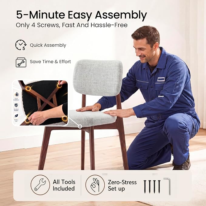 COLAMY Dining Chairs Set of 4, Modern Upholstered Kitchen Room Chairs with Solid Red Oak Wood Legs, 5-Min Easy Assembly Anti-Wobble, High-Weight Fabric Farmhouse Side Chair, 300lbs,Walnut,Beige