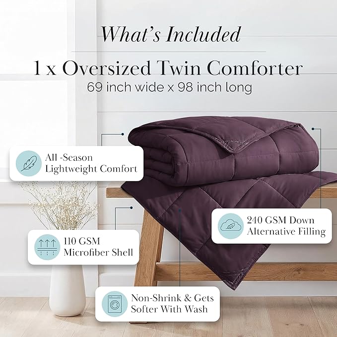 Southshore Fine Living, Inc. Comforter, Twin/XL Bedspread, Down-Alternative Purple Comforter for Twin Bed, Soft, Fluffy Comforters, Machine Washable, Pet Hair Resistant Bedding, Purple Comforters