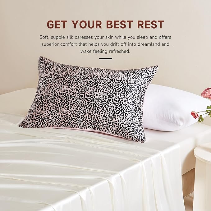THXSILK Set of 2 Natural Mulberry Silk Pillowcase Hypoallergenic Zipper Pillow Case - Grade 6A+ Real Mulberry Silk Pillowcase Organic Silk Pillow Case (Leopard Print, Queen Size 20"x30")