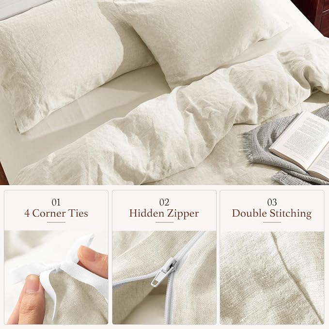LBRO2M 100% France Linen Duvet Cover Set 3 Pcs Including 1 Flax Comforter Cover with Zipper Closure, 2 Pillowcase, Cozy Duvet Cover California King Size, Beige