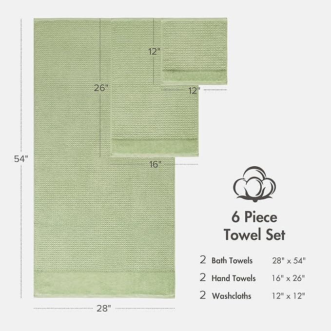 Madison Park Spa Waffle 100% Cotton Luxurious Towel Set, Premium Texture Waffle Weave, Highly Absorbent, Quick Dry, Hotel & Spa Quality Wash Clothes for Bathroom, Assorted Sizes, Sage Green 6 Piece