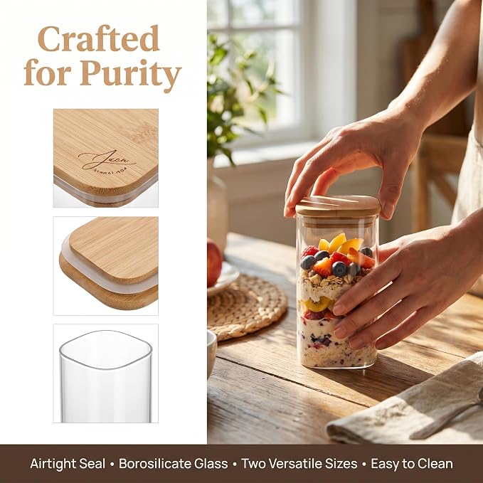 6pcs Large Glass Food Storage Containers with Bamboo Lids | 68 ounces (set of 3) and 32 ounces (set of 3) for storing overnight oats, coffee, spices, candies, flour, etc.,