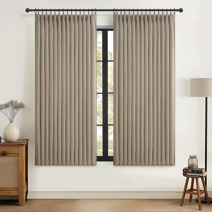 PleatedDrapes Black Out Curtains 63 Inch Long for Kitchen Windows 2 Panels, Cream Beige Double Layer Thick Linen Short Bohemian Pinch Pleated Curtain Thermal Energy Efficient Cafe Mini Burg 40"Wx63"L