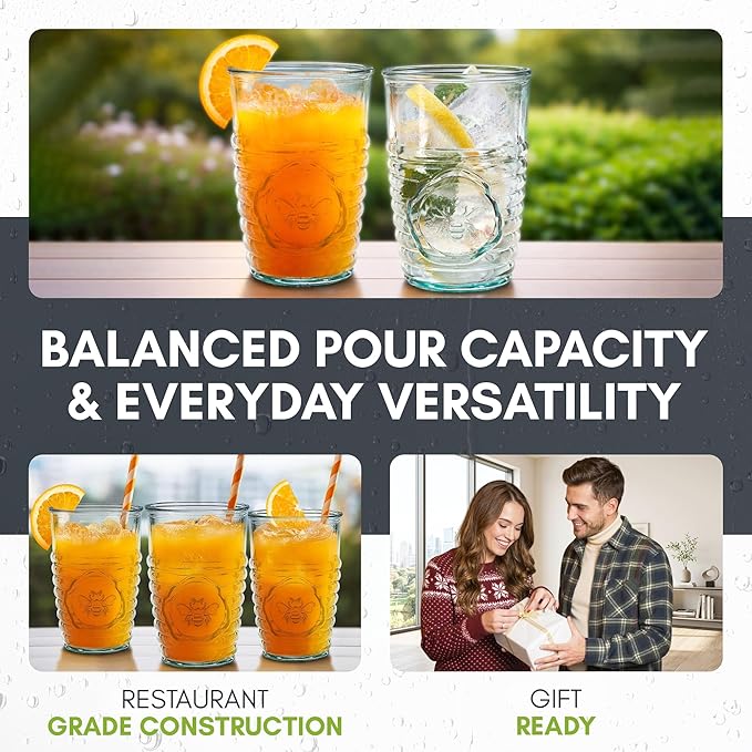 COURONNE CO. Clear Recycled Drinking Glass Tumbler, Perfect for Cocktails, Refreshments & Everyday Use, Restaurant Grade, Crafted without lead-based materials (11.2 Oz, Bee), Pack of 6