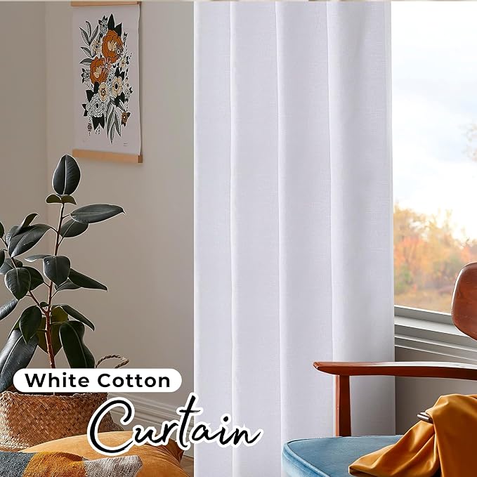 Bedding Craft White Cotton Curtains 50x96 Set of 2, Tab Top Heavy Khadi Textured Panels, Farmhouse Window Drapes, Light Filtering Cotton Curtains for Living Room Bedroom Decor