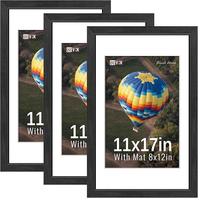 VCK 11x17 Picture Frames Black 3 Pack, Wide Border Solid Wood, Tempered Glass, Display 8x12 Photo with Mat or 11 x 17 without, for Home, Office, Gallery, Woodgrain Series, Wall Hanging