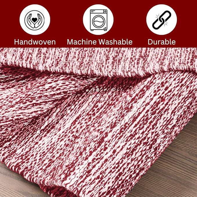 Hand Woven Area Rug 4x6 Feet - Rustic Farmhouse Bohemian Accent Rug for Living Room Bedroom Kitchen Entryway Floor Mats - Ideal for High Traffic Areas 100% Cotton Rag Rug Red