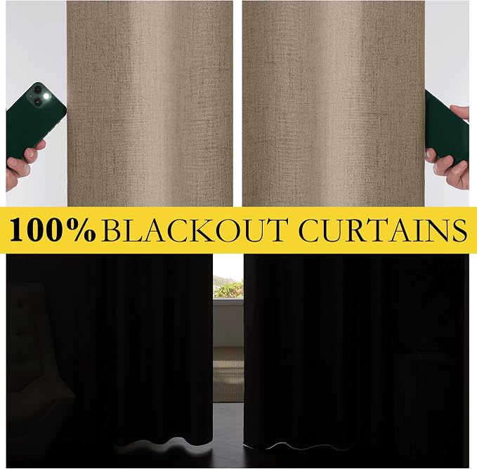NICETOWN Linen Full Blackout Curtains 52 x 80 inch Panels, Full Bedroom Light Blocking, Thick Linen Blend Rod Pocket & Back Tab Draperies with Liners for Home Theater(Set of 2, Burlap)