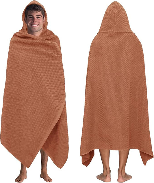 COTTON CRAFT Hooded Bath Towel – Oversized 35 x 70 Waffle Weave Towel with Hood for Adults - 100% Ringspun Cotton Pool Bath Sheet Wrap with Hood - Soft Super Absorbent Quick Dry – 450 GSM – Mocha