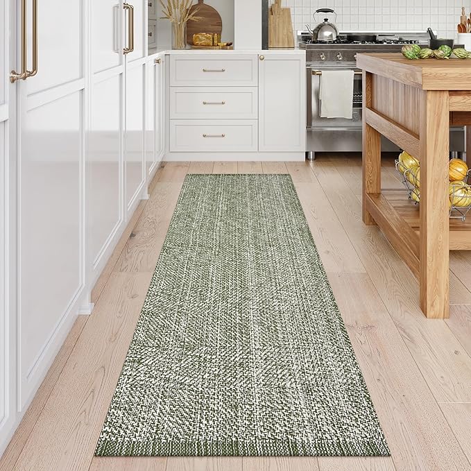 LEEVAN Hallway Runner Rug 2.6' x 8', Green Braided Kitchen Runner Rugs, Washable Woven Reverisible Bathroom Runners, Farmhouse Entryway Rug, Low-Profile Floor Carpet for Doorway/Laundry Room/Bedroom
