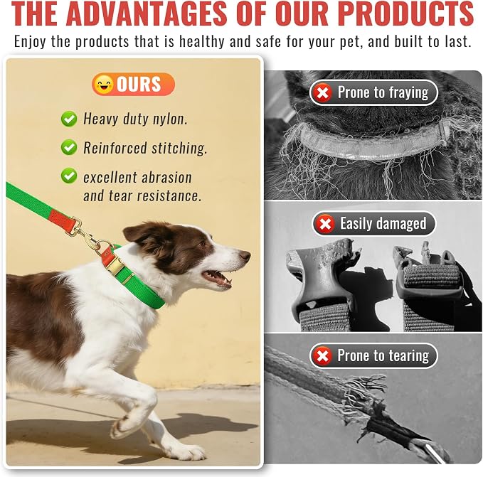 Dog Collar and Leash Set with Metal Quick Release Buckle, Adjustable, Breathable Nylon, Durable, Soft and Comfortable, No Pull for Walking and Training, Fluorescent Green, L (14.9"-22.8")