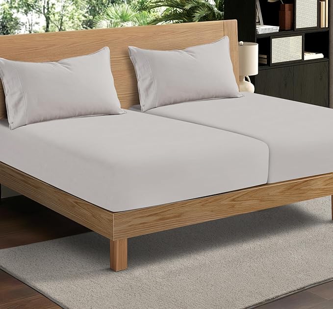 4Pcs Organic Linen Sheets Split King, 100% French Linen from Normandy, Durable Natural Linen Split King Sheet Set with 16 Inch Deep Pocket, 1 Flat Sheet, 2 Fitted Sheet, 2 Pillowcases