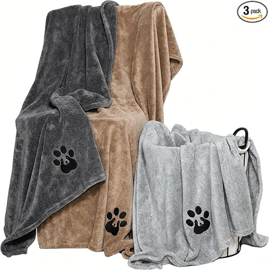 Dogvingpk Extra Large Dog Towel 3 Pack, Super Absorbent Soft Quick Drying Microfiber Pet Bath Towels for Large & Medium Dogs (XL-55" * 36", Grey and Black and Brown)