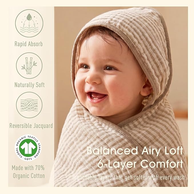 Ultra-Soft Muslin Baby Towel - 32 x 32 Inches, Ideal for Bath & Beach, Suitable for Both Boys & Girls from Newborns to Toddlers(Warm Brown Striped)